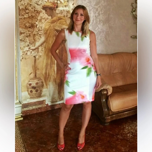 Calvin Klein Watercolor Floral Off white Sheath stretch Office career Dress 6 S - Picture 2 of 10